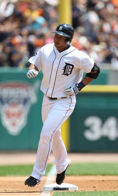 DETROIT - JUNE 26:  Jhonny Peralta #27 of the Detroit Tigers rounds third base after hitting a solo home run in the second inning during the game against the Arizona Diamondbacks at Comerica Park on June 26, 2011 in Detroit, Michigan.  (Photo by Leon Hali