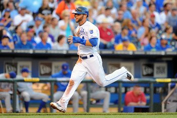 KANSAS CITY, MO - JUNE 24:  Alex Gordon #4 of the Kansas City Royals runs in to score a run in the second inning against the Chicago Cubs at Kauffman Stadium on June 24, 2011 in Kansas City, Missouri. (Photo by G. Newman Lowrance/Getty Images)
