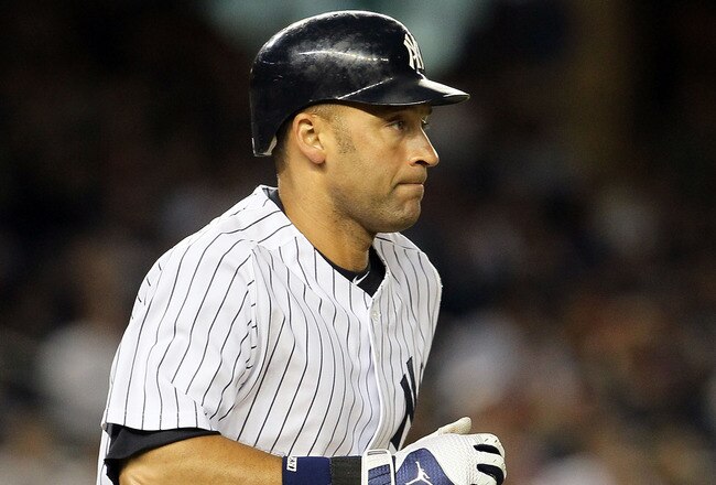 NEW YORK, NY - JUNE 13:  Derek Jeter #2 of the New York Yankees runs as he flies out in the fifth inning against the Cleveland Indians on June 13, 2011 at Yankee Stadium in the Bronx borough of New York City. Jeter suffered a sore right calf on the play a