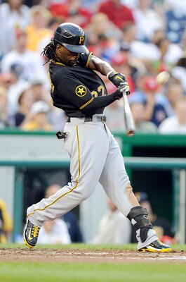 WASHINGTON, DC - JULY 02:  Andrew McCutchen #22 of the Pittsburgh Pirates hits a double in the third inning against the Washington Nationals at Nationals Park on July 2, 2011 in Washington, DC.  (Photo by Greg Fiume/Getty Images)