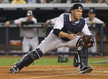 NEW YORK, NY - JUNE 28:  Russell Martin #55 of the New York Yankees against the Milwaukee Brewers during their game on June 28, 2011 at Yankee Stadium in the Bronx borough of New York City.  (Photo by Nick Laham/Getty Images)