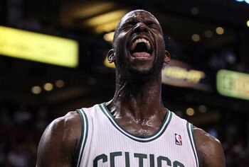 BOSTON, MA - MAY 09:  Kevin Garnett #5 of the Boston Celtics reacts after a foul is called on the Miami Heat in Game Four of the Eastern Conference Semifinals in the 2011 NBA Playoffs on May 9, 2011 at the TD Garden in Boston, Massachusetts.  NOTE TO USER