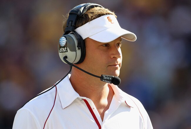 MINNEAPOLIS - SEPTEMBER 18:  Head coach Lane Kiffin of the USC Trojans watches from the sidelines during the game against the Minnesota Golden Gophers on September 18, 2010 at TCF Bank Stadium in Minneapolis, Minnesota.  (Photo by Jamie Squire/Getty Image