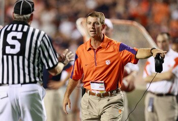 AUBURN, AL - SEPTEMBER 18:  Side Judge Watts Key with head coach Dabo Swinney of the Clemson Tigers against the Auburn Tigers at Jordan-Hare Stadium on September 18, 2010 in Auburn, Alabama.  (Photo by Kevin C. Cox/Getty Images)