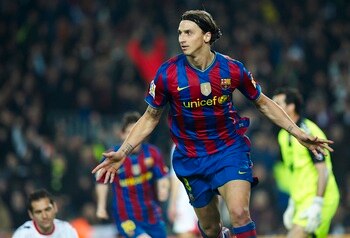 BARCELONA, SPAIN - MARCH 24: Zlatan Ibrahimovic of FC Barcelona celebrates after scoring during the La Liga match between Barcelona and Osasuna at the Camp Nou Stadium on March 24, 2010 in Barcelona, Spain.  (Photo by Manuel Queimadelos Alonso/Getty Image