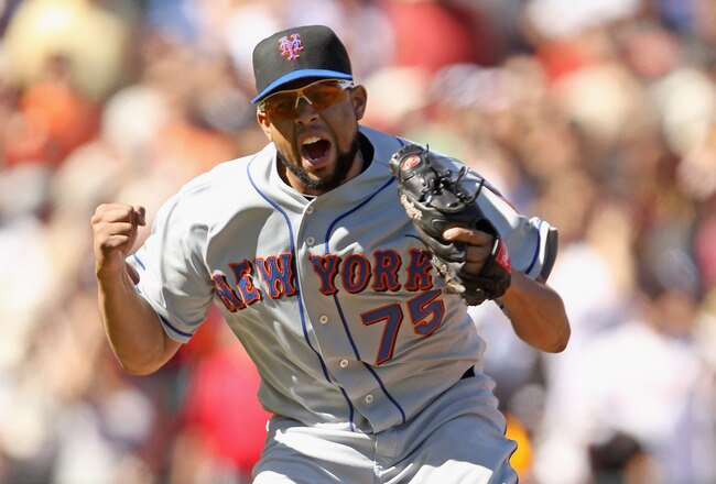 SAN FRANCISCO - JULY 18:  Francisco Rodriguez #75 of the New York Mets reacts after the Mets beat the San Francisco Giants 4-3 in ten innings at AT&T Park on July 18, 2010 in San Francisco, California.  (Photo by Ezra Shaw/Getty Images)