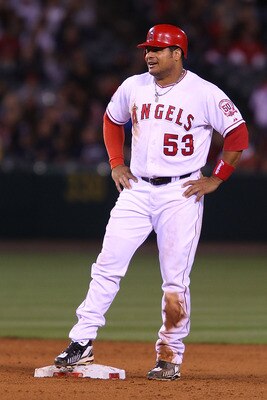 ANAHEIM, CA - MAY 23:  Bobby Abreu #53 of the Los Angeles Angels of Anaheim reacts to reaching second base during the game against the Oakland Athletics at Angel Stadium on May 23, 2011 in Anaheim, California.  (Photo by Joe Scarnici/Getty Images)