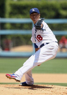 LOS ANGELES, CA - JUNE 25:  Hiroki Kuroda #18 of the Los Angeles Dodgers pitches against the Los Angeles Angels of Anaheim at Dodger Stadium on June 25, 2011 in Los Angeles, California.  (Photo by Jeff Gross/Getty Images)