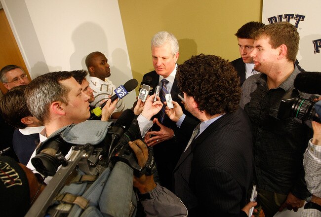 PITTSBURGH - JANUARY 11:  The University of Pittsburgh athletic director, Steve Pederson, head football coach, Todd Graham, talks to the media during a press conference where Todd Graham was introduced as the new head football coach on January 11, 2011 at