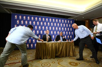 NEW YORK, NY - JUNE 30:  Commissioner of the NBA, David Stern (R) and Adam Silver announce that a lockout will go ahead as NBA labor negotiations break down at Omni Hotel on June 30, 2011 in New York City. The NBA has locked out the players after they wer
