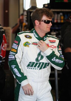 SONOMA, CA - JUNE 24:  Dale Earnhardt Jr., driver of the #88 Amp Energy/National Guard Chevrolet, stands in the garage area during practice for the NASCAR Sprint Cup Series Toyota/Save Mart 350 at Infineon Raceway on June 24, 2011 in Sonoma, California.