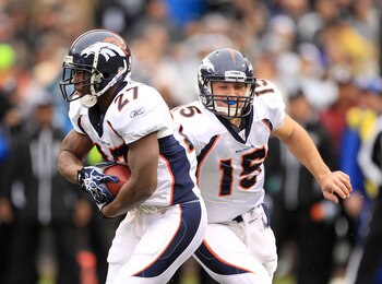 OAKLAND, CA - DECEMBER 19:  Tim Tebow #15 of the Denver Broncos hands off to Knowshon Moreno #27 during their game against the Oakland Raiders at Oakland-Alameda County Coliseum on December 19, 2010 in Oakland, California.  (Photo by Ezra Shaw/Getty Image