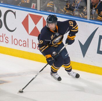 BUFFALO, NY - APRIL 18: Tim Connolly #19 of the Buffalo Sabres skates against the Philadelphia Flyers in Game Three of the Eastern Conference Quarterfinals during the 2011 NHL Stanley Cup Playoffs at HSBC Arena at HSBC Arena on April 18, 2011 in Buffalo,