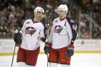 ANAHEIM, CA. - DECEMBER 7:  R.J. Umberger #18 and Rick Nash #61 of the Columbus Blue Jackets talk on the ice during the game against the Anaheim Ducks on December 7, 2008 at the Honda Center in Anaheim, California.  The Ducks won 5-3.  (Photo by Stephen D