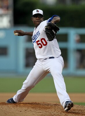 LOS ANGELES, CA - JULY 04:  Rubby De La Rosa #50 of the Los Angeles Dodgers throws a pitch against the New York Mets on July 4, 2011 at Dodger Stadium in Los Angeles, California.  (Photo by Stephen Dunn/Getty Images)