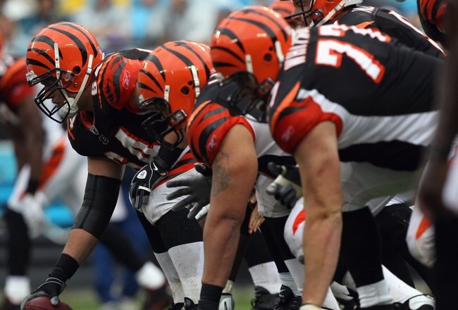 CHARLOTTE, NC - SEPTEMBER 26:  The offensive line of the Cincinnati Bengals against the Carolina Panthers during their game at Bank of America Stadium on September 26, 2010 in Charlotte, North Carolina.  (Photo by Streeter Lecka/Getty Images)