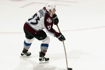 DENVER, CO - NOVEMBER 6:  Defenseman Derek Morris #53 of the Colorado Avalanche shoots the puck against the Ottawa Senators during the NHL game on November 6, 2002 at the Pepsi Center in Denver, Colorado.  The Senators won 5-2.  (Photo by Brian Bahr/Getty