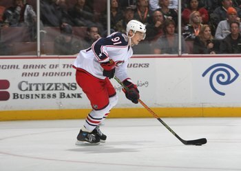ANAHEIM, CA - NOVEMBER 1:  Sergei Fedorov #91 of the Columbus Blue Jackets carries the puck during their NHL game against the Anaheim Ducks at the Honda Center on November 1, 2007 in Anaheim, California. The Ducks defeated the Blue Jackets 2-1 in shootout