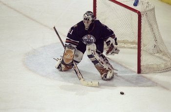9 May 1998:  Goaltender Curtis Joseph of the Edmonton Oilers in action during their NHL Western Conference Semi-Final game against the Dallas Stars at the Reunion Arena in Dallas, Texas. The Oilers defeated the Stars 2-0. Mandatory Credit: Stephen Dunn  /
