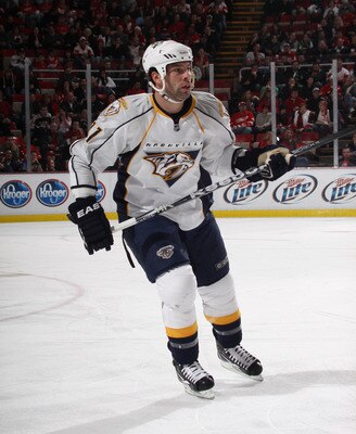 DETROIT, MI - DECEMBER 08:  David Legwand #11  of the Nashville Predators skates against the Detroit Red Wings at the Joe Louis Arena on December 8, 2010 in Detroit, Michigan. The Predators defeated the Red Wings 3-2.  (Photo by Bruce Bennett/Getty Images