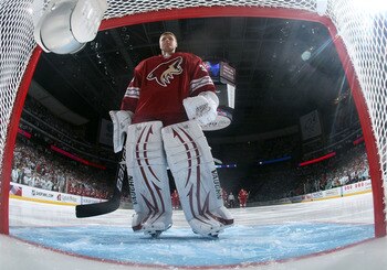 GLENDALE, AZ - APRIL 20:  Goaltender Ilya Bryzgalov #30 of the Phoenix Coyotes in Game Four of the Western Conference Quarterfinals against the Detroit Red Wings during the 2011 NHL Stanley Cup Playoffs at Jobing.com Arena on April 20, 2011 in Glendale, A