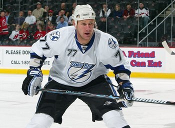 NEWARK, NJ - NOVEMBER 05: Chris Gratton #77 of the Tampa Bay Lightning skates against the New Jersey Devils at the Prudential Center on November 5, 2008 in Newark, New Jersey.The Devils defeated the Lightning 4-3 after a shootout. (Photo by Jim McIsaac/Ge