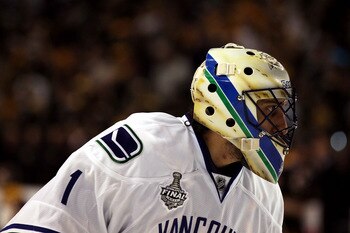 BOSTON, MA - JUNE 13:  Roberto Luongo #1 of the Vancouver Canucks looks on prior to Game Six of the 2011 NHL Stanley Cup Final at TD Garden on June 13, 2011 in Boston, Massachusetts.  (Photo by Elsa/Getty Images)
