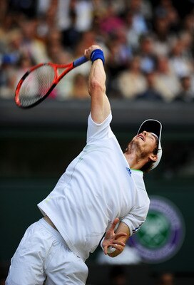LONDON, ENGLAND - JULY 01:  Andy Murray of Great Britain serves during his semifinal round match against Rafael Nadal of Spain on Day Eleven of the Wimbledon Lawn Tennis Championships at the All England Lawn Tennis and Croquet Club on July 1, 2011 in Lond