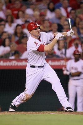 ANAHEIM, CA - JULY 04:  Mark Trumbo #44 of the Los Angeles Angels of Anaheim hits a base hit against the Detroit Tigers in the eighth inning at Angel Stadium of Anaheim on July 4, 2011 in Anaheim, California. The Angels defeated the Tigers 5-1.  (Photo by
