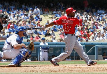 LOS ANGELES, CA - JUNE 25:  Howie Kendrick #47 of the Los Angeles Angels of Anaheim bats against the Los Angeles Dodgers at Dodger Stadium on June 25, 2011 in Los Angeles, California.  (Photo by Jeff Gross/Getty Images)