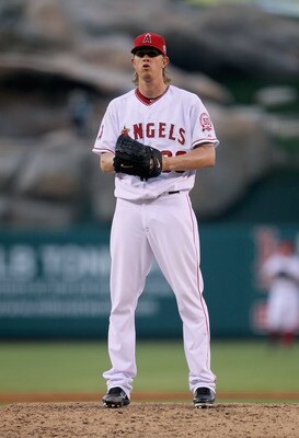 ANAHEIM, CA - JULY 02:  Jered Weaver #36 of the Los Angeles Angels of Anaheim pitches against the Los Angeles Dodgers at Angel Stadium of Anaheim on July 2, 2011 in Anaheim, California.  (Photo by Jeff Gross/Getty Images)