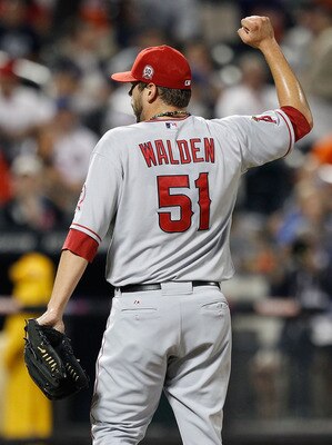 NEW YORK - JUNE 17:  Jordan Walden #51 of the Los Angeles Angels of Anaheim celebrates after defeating the New York Mets on June 17, 2011 at Citi Field in the Flushing neighborhood of the Queens borough of New York City. The Angels defeated the Mets 4-3. 