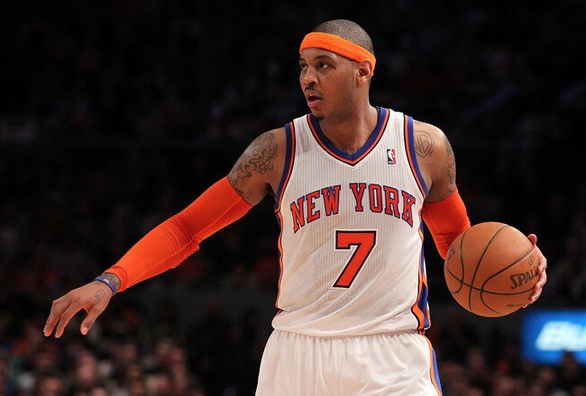 NEW YORK, NY - APRIL 22:  Carmelo Anthony #7 of the New York Knicks looks to pass against Boston Celtics in Game Three of the Eastern Conference Quarterfinals in the 2011 NBA Playoffs on April 22, 2011 at Madison Square Garden in New York City.  NOTE TO U