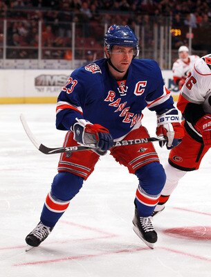 NEW YORK, NY - JANUARY 05:  Chris Drury #23 of the New York Rangers skates against the Carolina Hurricanes at Madison Square Garden on January 5, 2011 in New York City. The Rangers defeated the Hurricanes 2-1 in overtime.  (Photo by Bruce Bennett/Getty Im