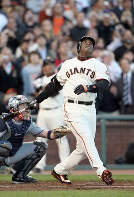 SAN FRANCISCO - AUGUST 07: Barry Bonds #25 of the San Francisco Giants hits career home run #756 against Mike Bacsik of the Washington Nationals on August 7, 2007 at AT&T Park in San Francisco, California. With his 756th career home run, Barry Bonds surpa