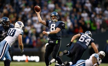 SEATTLE , WA - JANUARY 03:  Matt Hasselbeck #8 of the Seattle Seahawks throws a pass against the Tennessee Titans at Qwest Field on January 3, 2010 in Seattle, Washington.  (Photo by Jonathan Ferrey/Getty Images)