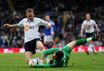 BIRMINGHAM, ENGLAND - MARCH 12:  Matthew Taylor of Bolton Wanderers has his efforts stopped by Ben Foster of  sponsored by E.On Sixth Round match between Birmingham City during the FA Cup sponsored by E.On Sixth Round match between Birmingham City and Bol