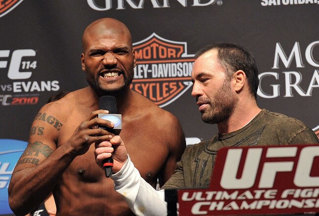 LAS VEGAS - MAY 28:  UFC fighter Quinton 'Rampage' Jackson (L) speaks to Joe Rogan (R) and the crowd about his fight against UFC fighter Rashad Evans at UFC 114: Rampage versus Rashad at the Mandalay Bay Hotel on May 28, 2010 in Las Vegas, Nevada.  (Photo