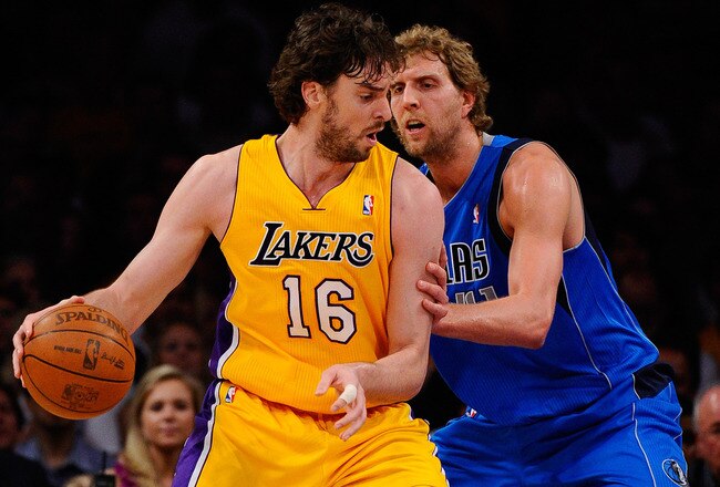 LOS ANGELES, CA - MAY 04:  Pau Gasol #16 of the Los Angeles Lakers posts up Dirk Nowitzki #41 of the Dallas Mavericks in the first quarter in Game Two of the Western Conference Semifinals in the 2011 NBA Playoffs at Staples Center on May 4, 2011 in Los An