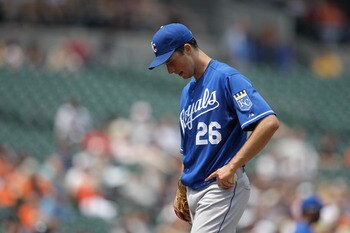 BALTIMORE, MD - MAY 26:  Starting pitcher Jeff Francis #26 of the Kansas City Royals on the mound after giving up a home run to the Baltimore Orioles  at Oriole Park at Camden Yards on May 26, 2011 in Baltimore, Maryland.  (Photo by Rob Carr/Getty Images)