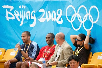 BEIJING - AUGUST 11:  Kobe Bryant of the United States attends the beach volleyball event at the Chaoyang Park Beach Volleyball Ground on Day 3 of the Beijing 2008 Olympic Games on August 11, 2008 in Beijing, China.  (Photo by Harry How/Getty Images)
