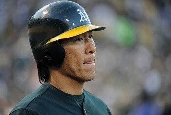 OAKLAND, CA -  JULY 2:  Hideki Matsui #55 of the Oakland Athletics looks on from the dugout as the Arizona Diamondbacks changes pitchers in the bottom of the eighth inning of a MLB baseball game July 2, 2011 at the Oakland-Alameda County Coliseum in Oakla