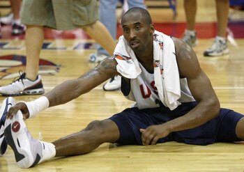 LAS VEGAS - JULY 21:  Kobe Bryant #10 of the USA Basketball Men's Senior National Team stretches during a practice at Valley High School June 21, 2008 in Las Vegas, Nevada.  (Photo by Ethan Miller/Getty Images)