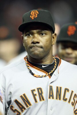 PHOENIX, AZ - JUNE 15:  Miguel Tejada #10 of the San Francisco Giants during the Major League Baseball game against the Arizona Diamondbacks at Chase Field on June 15, 2011 in Phoenix, Arizona. The Giants defeated the Diamondbacks 5-2.  (Photo by Christia