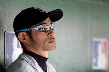 WASHINGTON, DC - JUNE 23: Ichiro Suzuki #51 of the Seattle Mariners looks on from the dugout during the fourth inning against the Washington Nationals  at Nationals Park on June 23, 2011 in Washington, DC.  (Photo by Rob Carr/Getty Images)