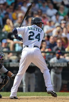 SEATTLE - APRIL 18:  Ken Griffey Jr. #24 of the Seattle Mariners bats against the Detroit Tigers at Safeco Field on April 18, 2010 in Seattle, Washington. (Photo by Otto Greule Jr/Getty Images)