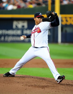 ATLANTA - JULY 1: Jair Jurrjens #49 of the Atlanta Braves pitches against the Baltimore Orioles at Turner Field on July 1, 2011 in Atlanta, Georgia. (Photo by Scott Cunningham/Getty Images)