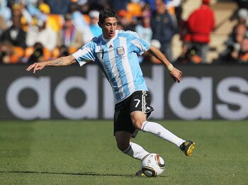 JOHANNESBURG, SOUTH AFRICA - JUNE 17:  Angel Di Maria of Argentina in action during the 2010 FIFA World Cup South Africa Group B match between Argentina and South Korea at Soccer City Stadium on June 17, 2010 in Johannesburg, South Africa.  (Photo by Chri