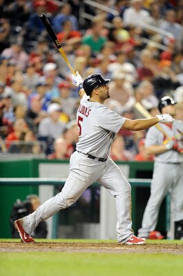 WASHINGTON, DC - JUNE 16:  Albert Pujols #5 of the St. Louis Cardinals hits a home run in the eighth inning against the Washington Nationals at Nationals Park on June 16, 2011 in Washington, DC.  (Photo by Greg Fiume/Getty Images)
