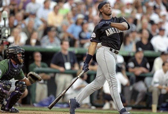 6 Jul 1998:  American League member Ken Griffey Jr. #24 of the Seattle Mariners watches after hitting the ball during the All-Star Home Run Derby at Coors Field in Denver, Colorado. Mandatory Credit: Brian Bahr  /Allsport